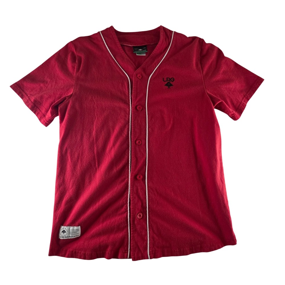 LRG Lifted Research Group Mens Red Baseball Jersey Shirt Small Short Sleeve Logo
